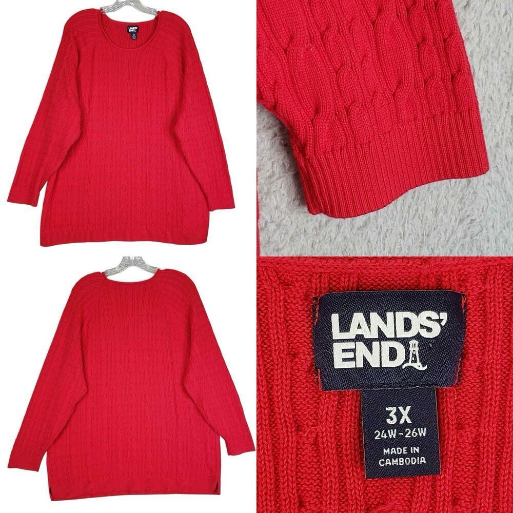 Lands End Sweater Women’s Plus Size 3X Red Pullover Crewneck Cable Knit